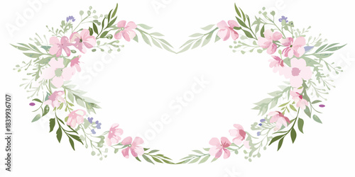 A delicate floral heart wreath with pink blossoms and green leaves
