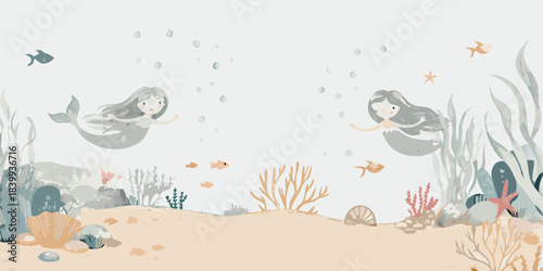 Two mermaids swimming peacefully in a serene underwater scene with coral