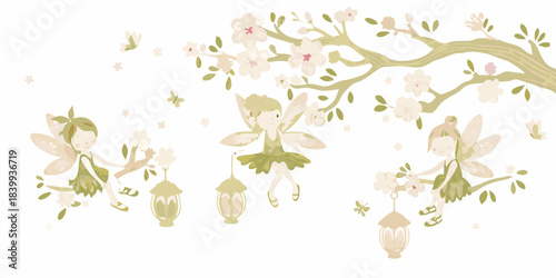 Delicate floral branch illustration featuring whimsical fairies and glowing lanterns
