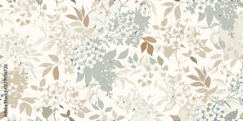 Delicate floral pattern with muted tones of beige blue and brown