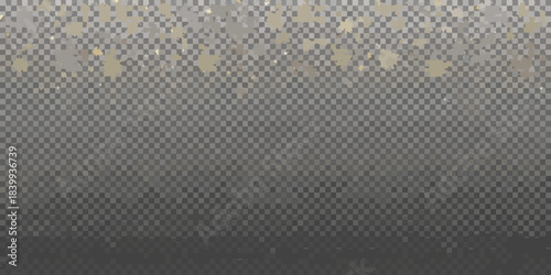 Golden glitter particles scattered on a transparent gradient background