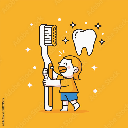 Happy child cheerfully brushing a giant tooth, promoting oral hygiene for kids