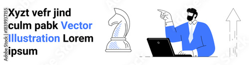 Business strategy, planning, decision-making, competition, analytics, career growth. A professional pointing while using a laptop with a chess knight piece and upward arrow. Business strategy