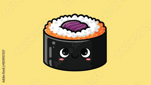 Cute Sushi Roll Character with Smiling Eyes and Purple Filling.