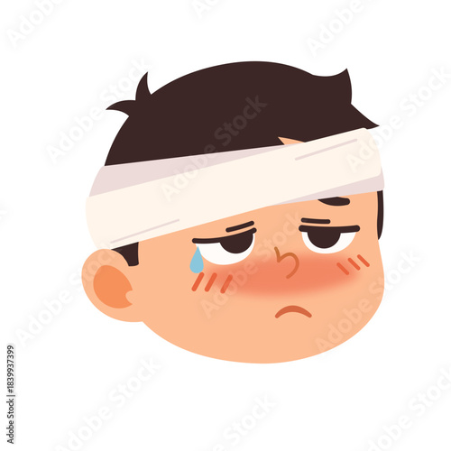 Cartoon Boy with Head Injury and Bandage