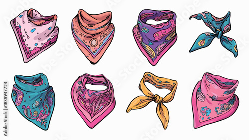 Collection of colorful bandanas with various patterns on a white background, arranged in two rows.