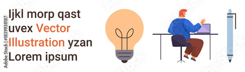 Creativity, innovation, work environment, brainstorming, remote work, productivity. Man working at a desk next to light bulb illustration. Creativity and innovation concepts