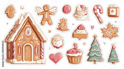 Flat lay of various Christmas cookies and treats arranged on a white background with festive holiday shapes.