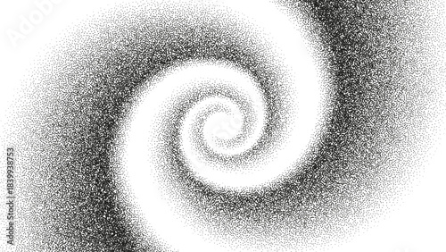 A dotted grainy gradient vortex flow. Vector gritty spirals with optical illusion. Tunnel with black stipple texture effect. Swirl of gritty pattern made by black points, particles with stipple effect