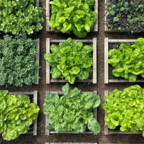 Top view of fresh green vegetables growing in wooden garden beds