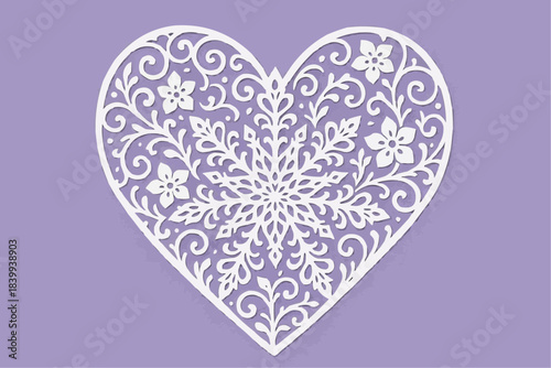 A lace pattern stencil featuring a heart-shaped floral motif on a purple background. A decorative element for cutting, printing, and window dressing.