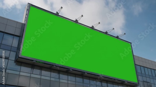 Green Screen Billboard on Modern Building Facade with Sky Background.