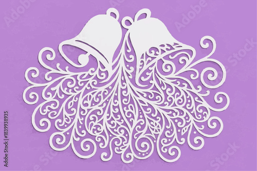 A stencil of white decorative wedding bells. A decorative element for cutting, printing, and window dressing.