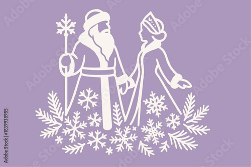 A stencil of Santa Claus and Snegurochka holding hands against a backdrop of snowflakes. A decorative element for cutting, printing, and window dressing.