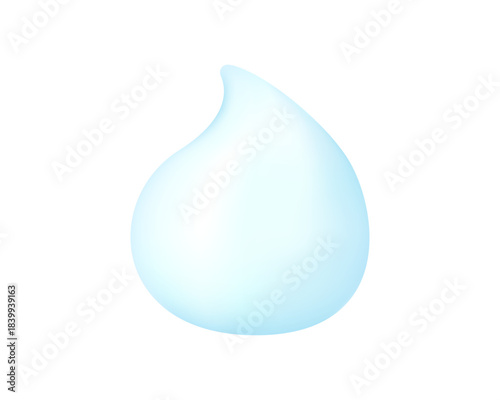 滑らかで透明感のある水色の表面と、優しいハイライトと光沢を持つ、リアルな3Dレンダリングの水滴（ウォータードロップ）アイコン。水分補給、純粋さ、スキンケア、湿度、環境のコンセプトを象徴し、化粧品のパッケージ、掃除用品のラベル、デジタルインターフェースのアイコンに最適。