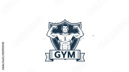 A stylized emblem featuring a muscular man flexing his biceps, set within a shield with the word "GYM" on a banner below.