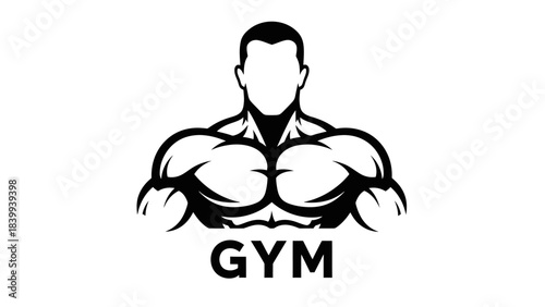 A black and white graphic illustration of a muscular man's torso with the word "GYM" below.