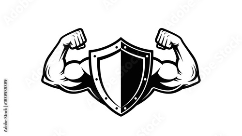 A stylized black and white illustration of a shield with two muscular arms flexing on either side, symbolizing strength and protection.