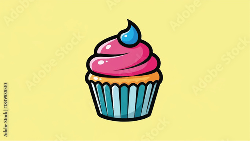 Delicious Cupcake with Pink Frosting and Blue Drizzle Illustration.