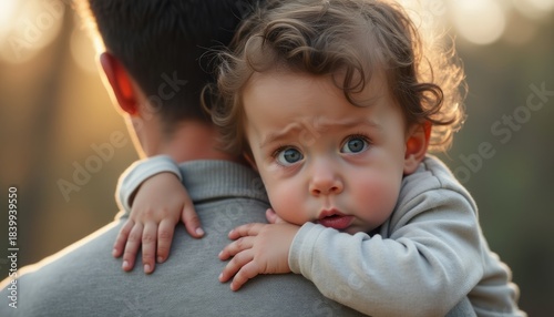 Child clinging to a parent with a worried expression