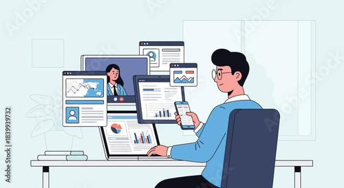 Man working on multiple screens, managing business tasks and online meetings.