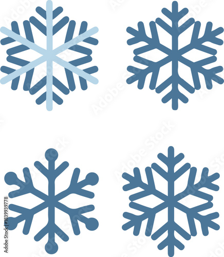 A set of four simple vector snowflake icons in various shades of blue, featuring classic six-pointed geometric and linear crystalline designs suitable for winter weather symbols.