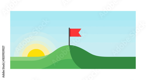 Red flag on a green hill with a sunrise in the background.