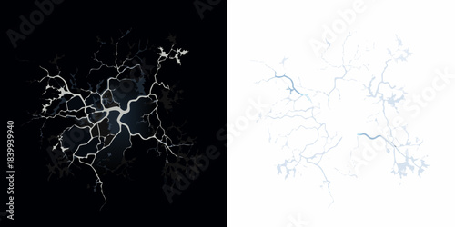 Dramatic lightning bolts contrasted against black and white backgrounds
