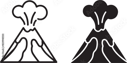 volcano eruption icon set solid silhouette and outlined vector illustration
