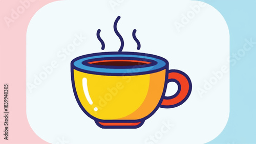 Illustration of a steaming cup of coffee or tea with vibrant colors.