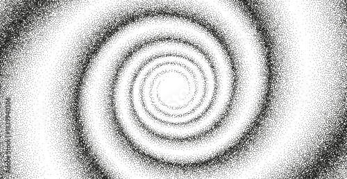 A dotted grainy gradient vortex flow. Vector gritty spirals with optical illusion. Tunnel with black stipple texture effect. Swirl of gritty pattern made by black points, particles with stipple effect