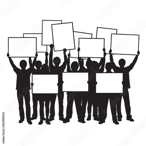 A large group of diverse people silhouettes stand together holding blank protest signs for a public demonstration vector illustration