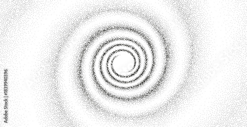 Grainy gradient spiral flow background. Vector gritty vortex with optical illusion. Tunnel with black stipple texture effect. Swirl of gritty pattern made by black particles with stipple effect.