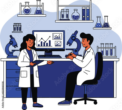 Lab researchers analyze data using digital tools, ideal for science visuals and academic content.
