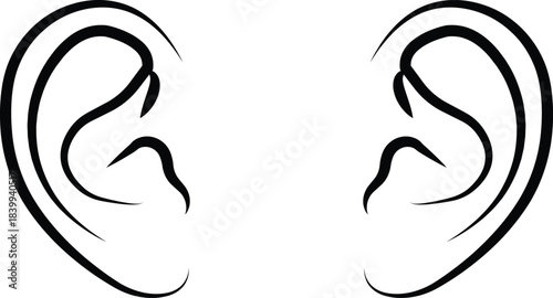 Black ear icon in flat and line style, hearing symbol featuring auditory outline graphics and sound awareness illustration monochrome listening sense vector pack with synonym element