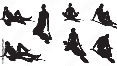 Collection of female human figure silhouettes in various relaxed poses casting distinct long shadows