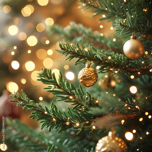 Close up of green Christmas tree branches with golden ornaments and bokeh lights