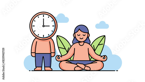 Meditation with clock-head character outdoors