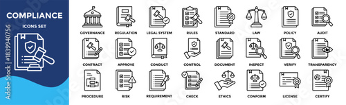 Compliance icon set collection. an icon pack contain rules, policy, law, regulation, standard, audit, control