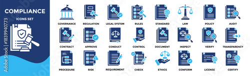 Compliance icon set collection. an icon pack contain rules, policy, law, regulation, standard, audit, control