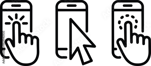 Smartphone Interaction Icons Set with Fingerprint and Cursor