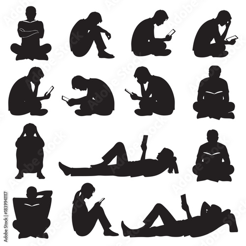 Diverse collection of people silhouettes showing individuals reading books and using modern mobile devices in various poses