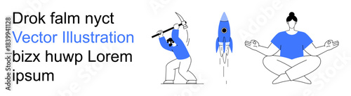 Creativity, productivity, innovation, mindfulness, balance, exploration. A person mining, a rocket launching and a meditating figure paired with text. Creativity and productivity concepts