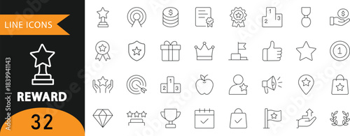 A clean vector set of 32 reward and recognition line icons featuring trophies, medals, stars, podiums, gifts, flags, and growth symbols. Ideal for business presentations, achievement badges, UI dashbo