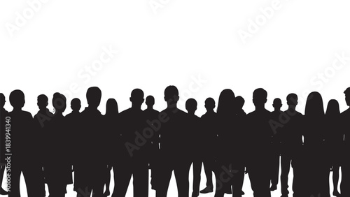 Diverse group of people standing together in a large crowd silhouette illustration on a white background