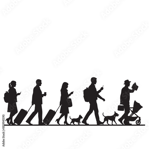 Diverse group of people walking with luggage dogs and a stroller while using mobile phones portraying modern travel