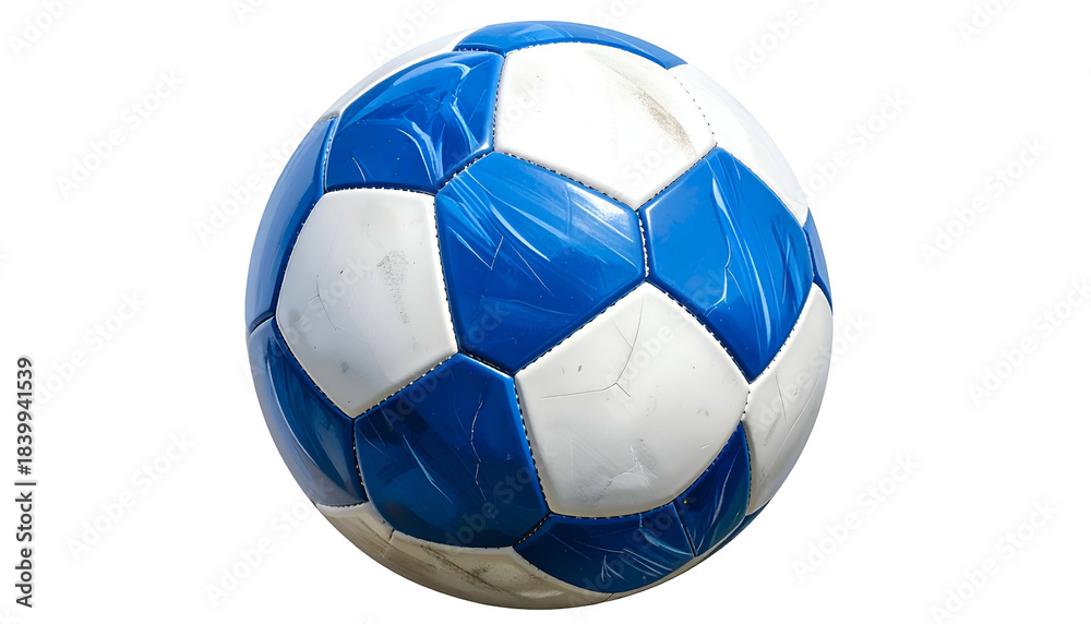 Fototapeta premium A worn, blue and white soccer ball isolated on a black background, with visible wear