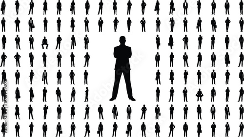 Business leadership silhouette concept showing confident CEO standing among crowd of professionals, corporate hierarchy, success, management and workforce diversity theme
