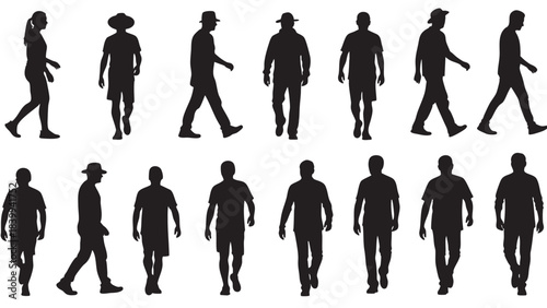 Diverse vector silhouette collection featuring various walking people including men and one woman in different poses and attire