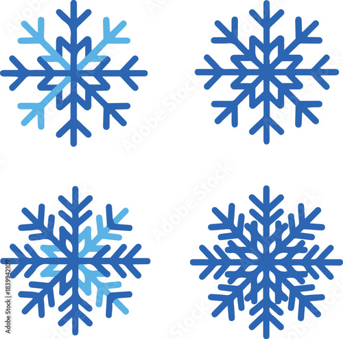 A set of four geometric vector snowflake icons featuring symmetrical linear patterns in varying shades of blue, ranging from simple crisscross designs to more complex crystalline structures.